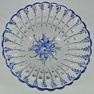 Vintage Hand painted Reticulated Blue White small bowl trinket dish Portugal